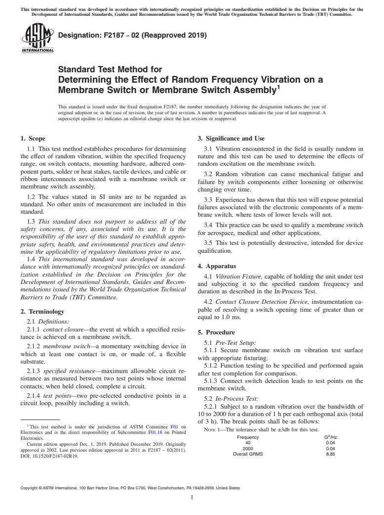 ASTM F2187-02(2019) - Standard Test Method for  Determining the Effect of Random Frequency Vibration on a Membrane   Switch or Membrane Switch Assembly