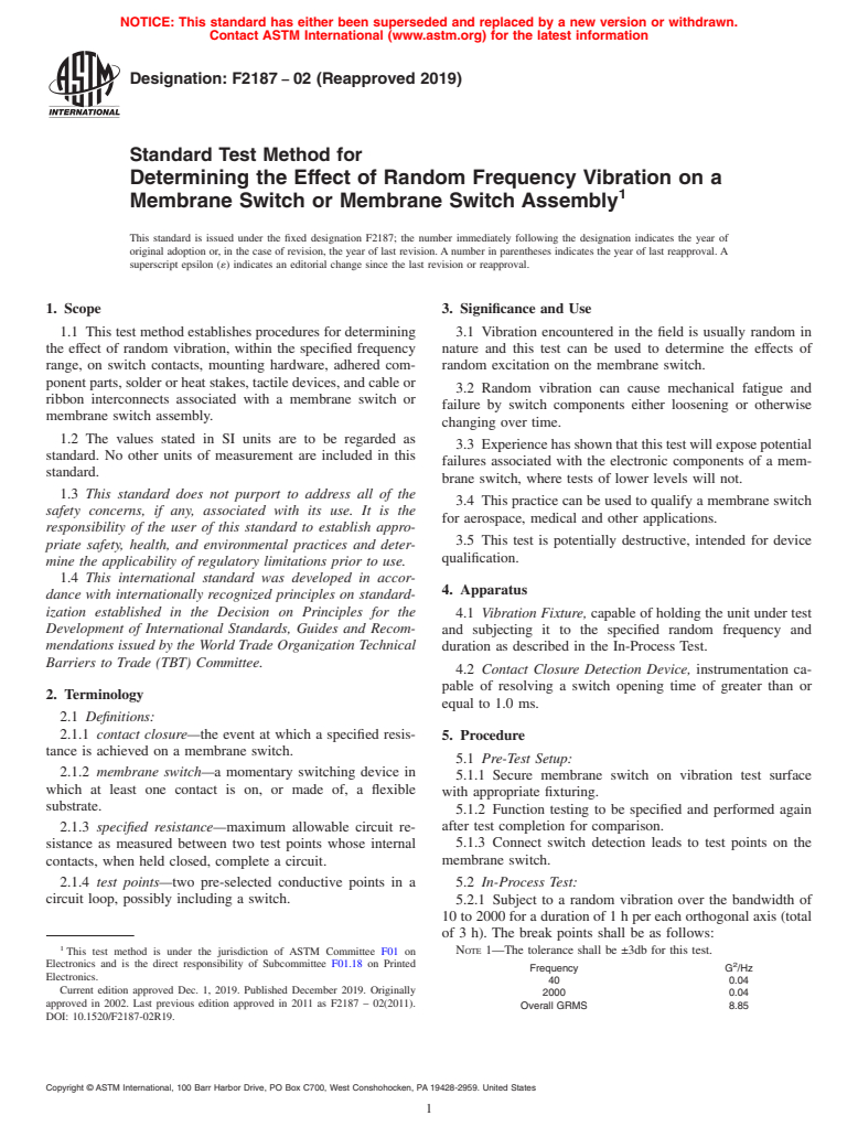 ASTM F2187-02(2019) - Standard Test Method for  Determining the Effect of Random Frequency Vibration on a Membrane   Switch or Membrane Switch Assembly (Withdrawn 2023)