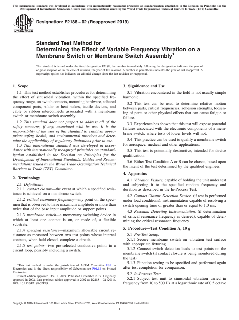 ASTM F2188-02(2019) - Standard Test Method for  Determining the Effect of Variable Frequency Vibration on a   Membrane Switch or Membrane Switch Assembly