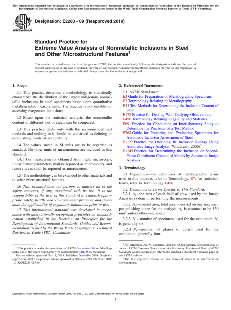 ASTM E2283-08(2019) - Standard Practice for  Extreme Value Analysis of Nonmetallic Inclusions in Steel and  Other Microstructural Features