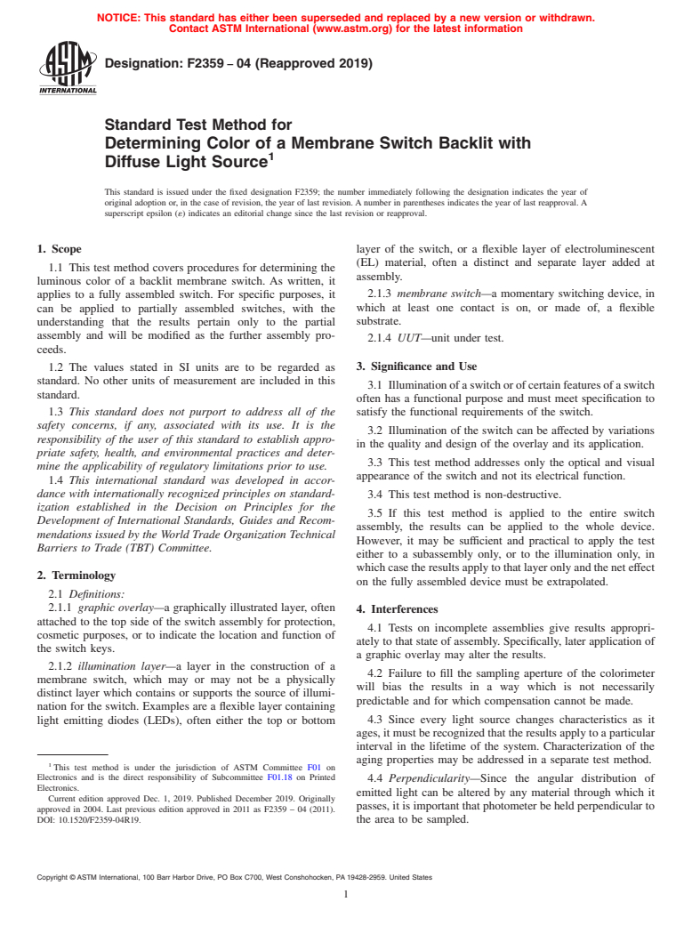 ASTM F2359-04(2019) - Standard Test Method for  Determining Color of a Membrane Switch Backlit with Diffuse   Light Source (Withdrawn 2023)