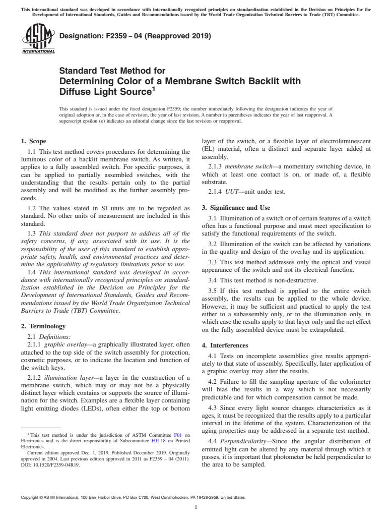 ASTM F2359-04(2019) - Standard Test Method for  Determining Color of a Membrane Switch Backlit with Diffuse   Light Source