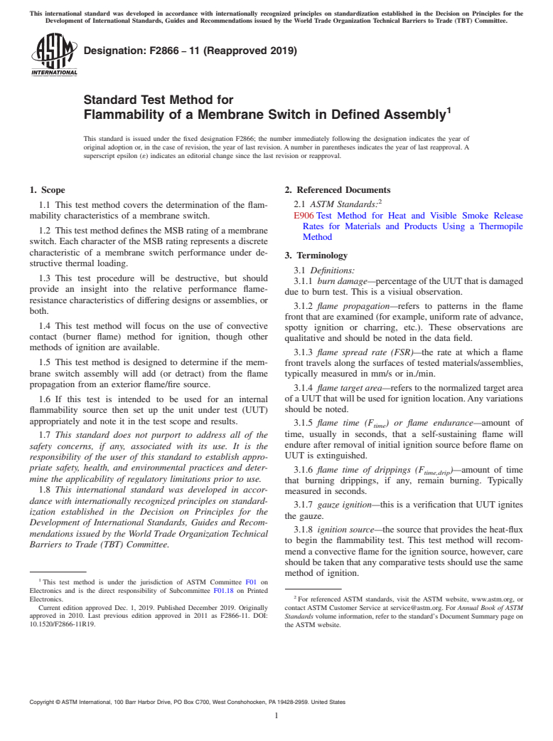 ASTM F2866-11(2019) - Standard Test Method for  Flammability of a Membrane Switch in Defined Assembly