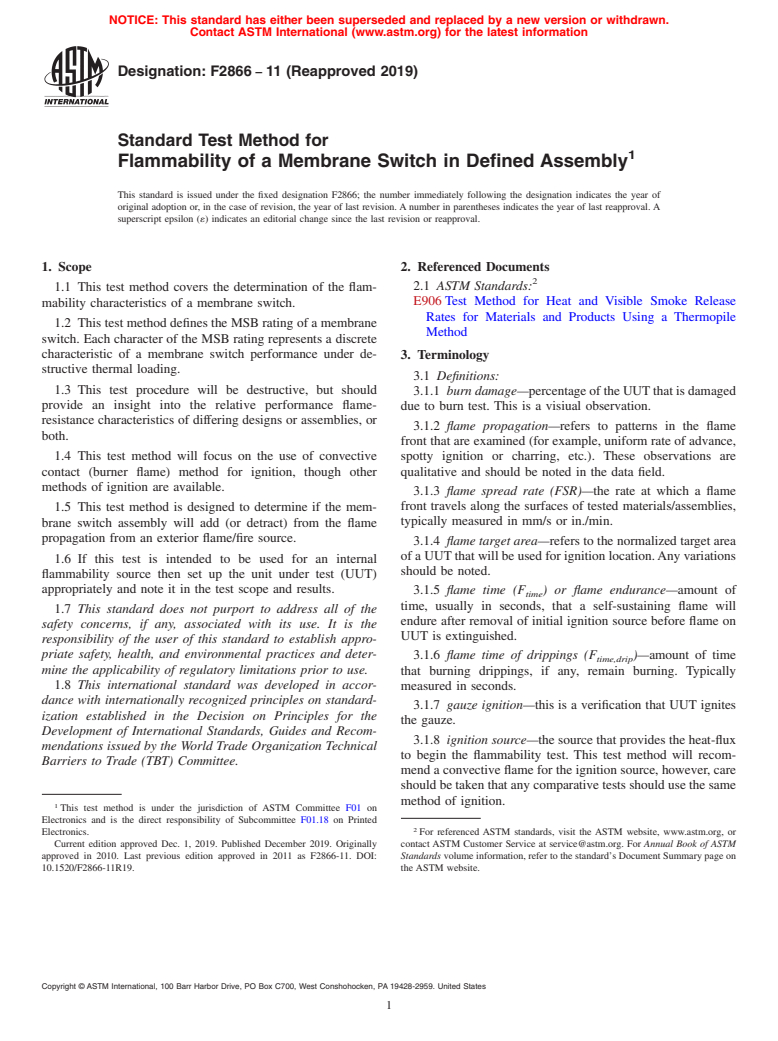 ASTM F2866-11(2019) - Standard Test Method for  Flammability of a Membrane Switch in Defined Assembly (Withdrawn 2023)