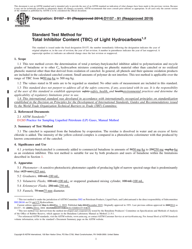 REDLINE ASTM D1157-91(2019) - Standard Test Method for  Total Inhibitor Content (TBC) of Light Hydrocarbons