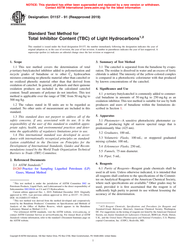 ASTM D1157-91(2019) - Standard Test Method for  Total Inhibitor Content (TBC) of Light Hydrocarbons