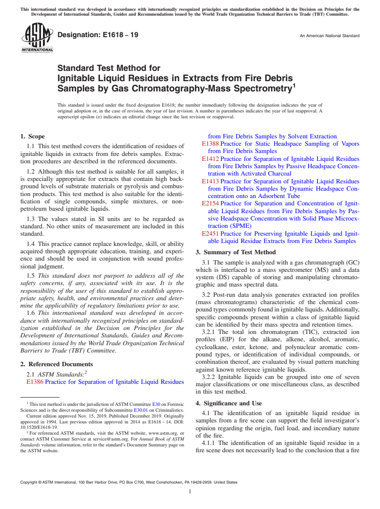 ASTM E1618-19 - Standard Test Method for  Ignitable Liquid Residues in Extracts from Fire Debris Samples  by Gas Chromatography-Mass Spectrometry