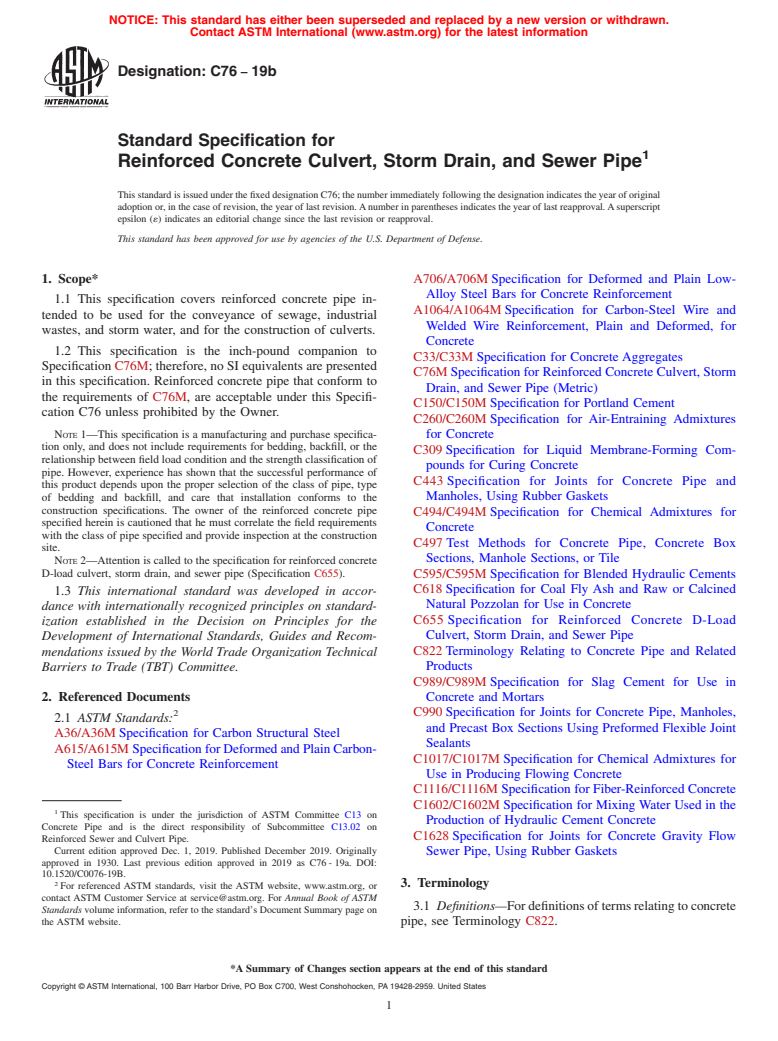 ASTM C76-19b - Standard Specification for Reinforced Concrete Culvert, Storm Drain, and Sewer Pipe