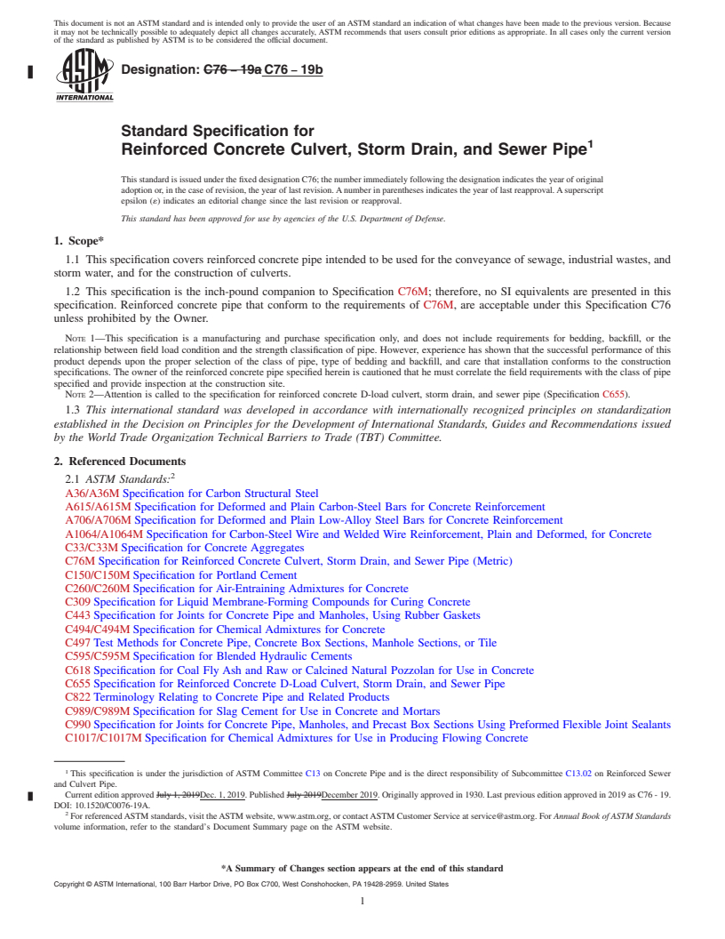 REDLINE ASTM C76-19b - Standard Specification for Reinforced Concrete Culvert, Storm Drain, and Sewer Pipe