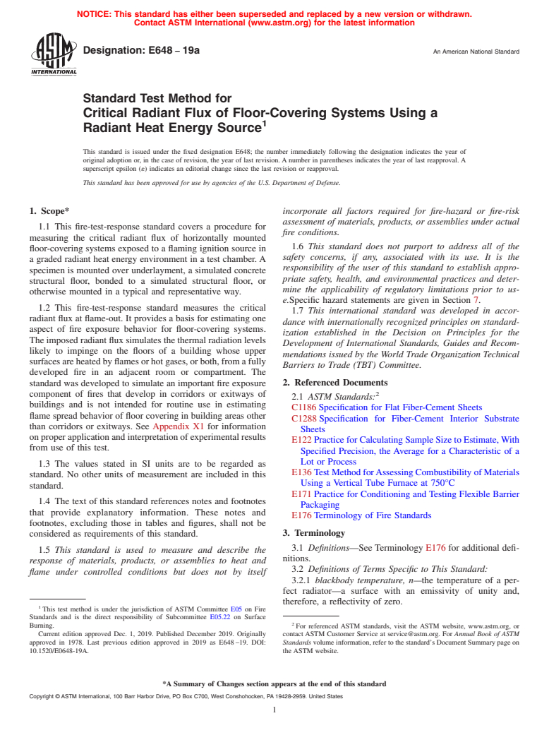 ASTM E648-19a - Standard Test Method for  Critical Radiant Flux of Floor-Covering Systems Using a Radiant  Heat Energy Source