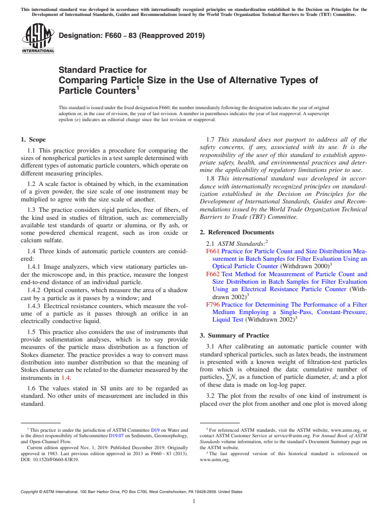 ASTM F660-83(2019) - Standard Practice for  Comparing Particle Size in the Use of Alternative Types of  Particle Counters