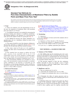 ASTM F316-03(2019) - Standard Test Methods for  Pore Size Characteristics of Membrane Filters by Bubble Point  and Mean Flow Pore Test