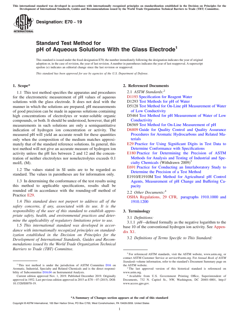 ASTM E70-19 - Standard Test Method for pH of Aqueous Solutions With the Glass Electrode