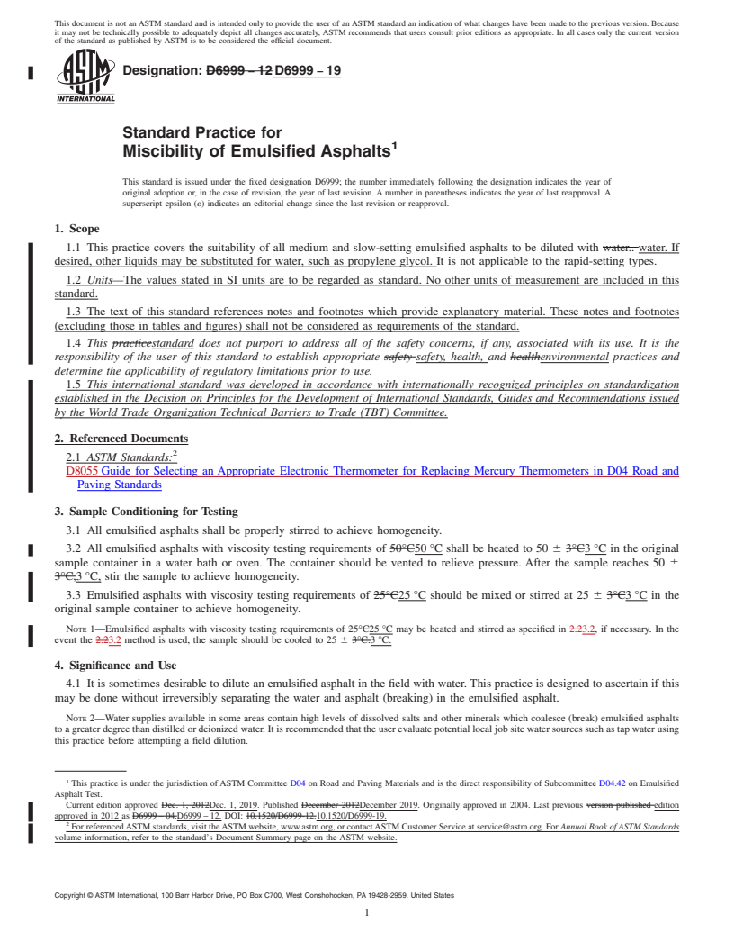 REDLINE ASTM D6999-19 - Standard Practice for  Miscibility of Emulsified Asphalts