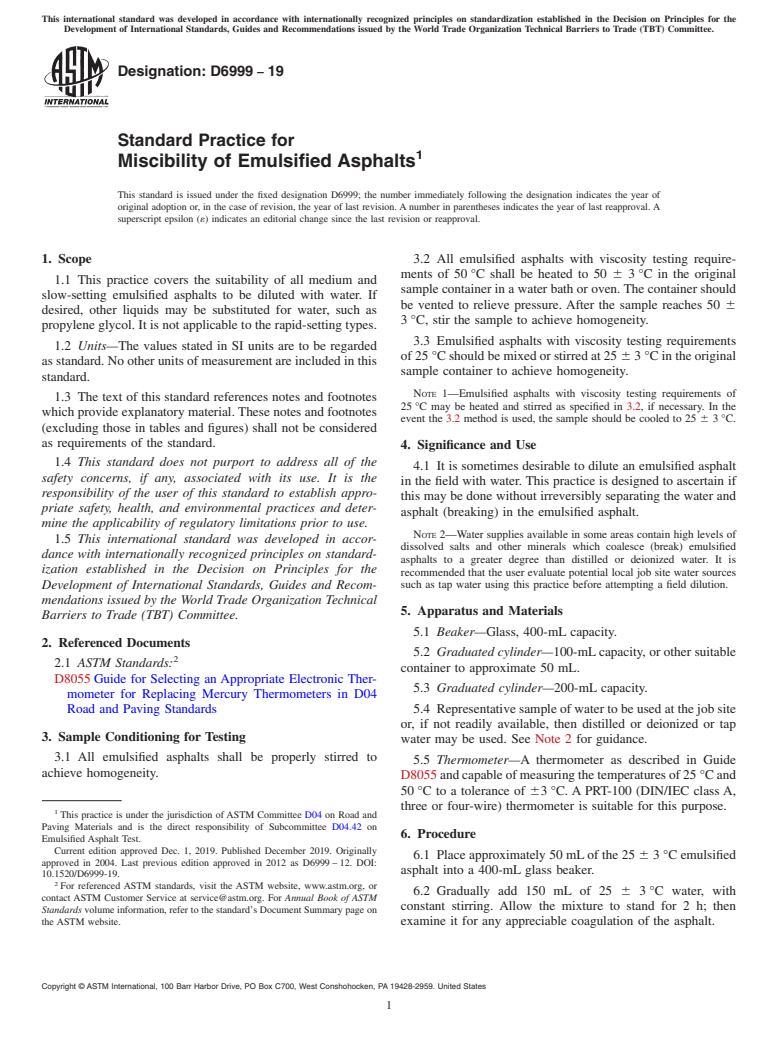 ASTM D6999-19 - Standard Practice for  Miscibility of Emulsified Asphalts