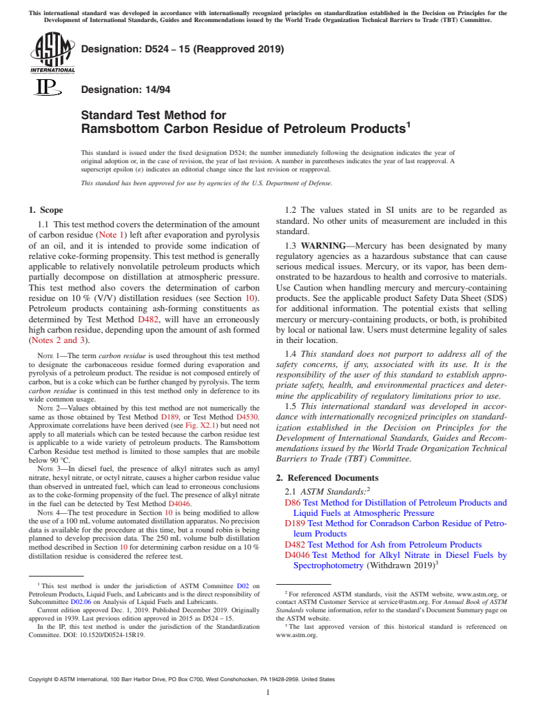 ASTM D524-15(2019) - Standard Test Method for  Ramsbottom Carbon Residue of Petroleum Products