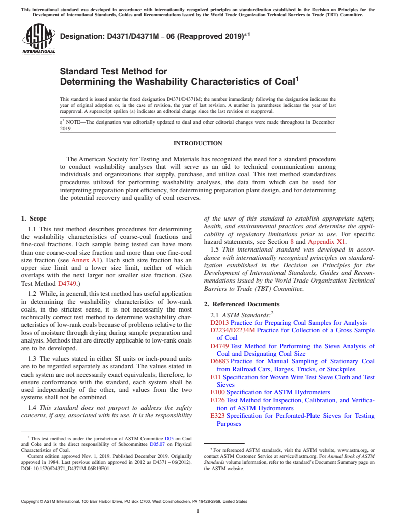 ASTM D4371/D4371M-06(2019)e1 - Standard Test Method for  Determining the Washability Characteristics of Coal