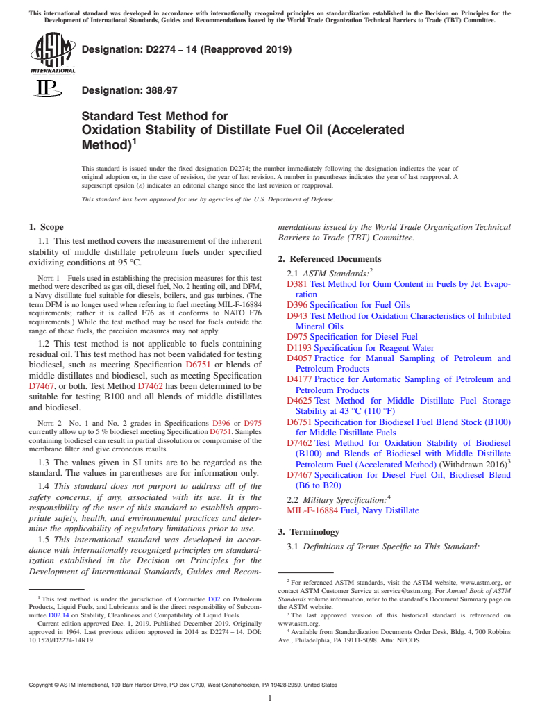 ASTM D2274-14(2019) - Standard Test Method for  Oxidation Stability of Distillate Fuel Oil (Accelerated Method)