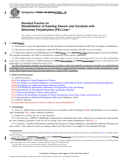 ASTM F1606-19 REDLINE ASTM F1606-19 - Standard Practice for Rehabilitation of Existing Sewers and Conduits with Deformed Polyethylene (PE) Liner - Page 1 preview
