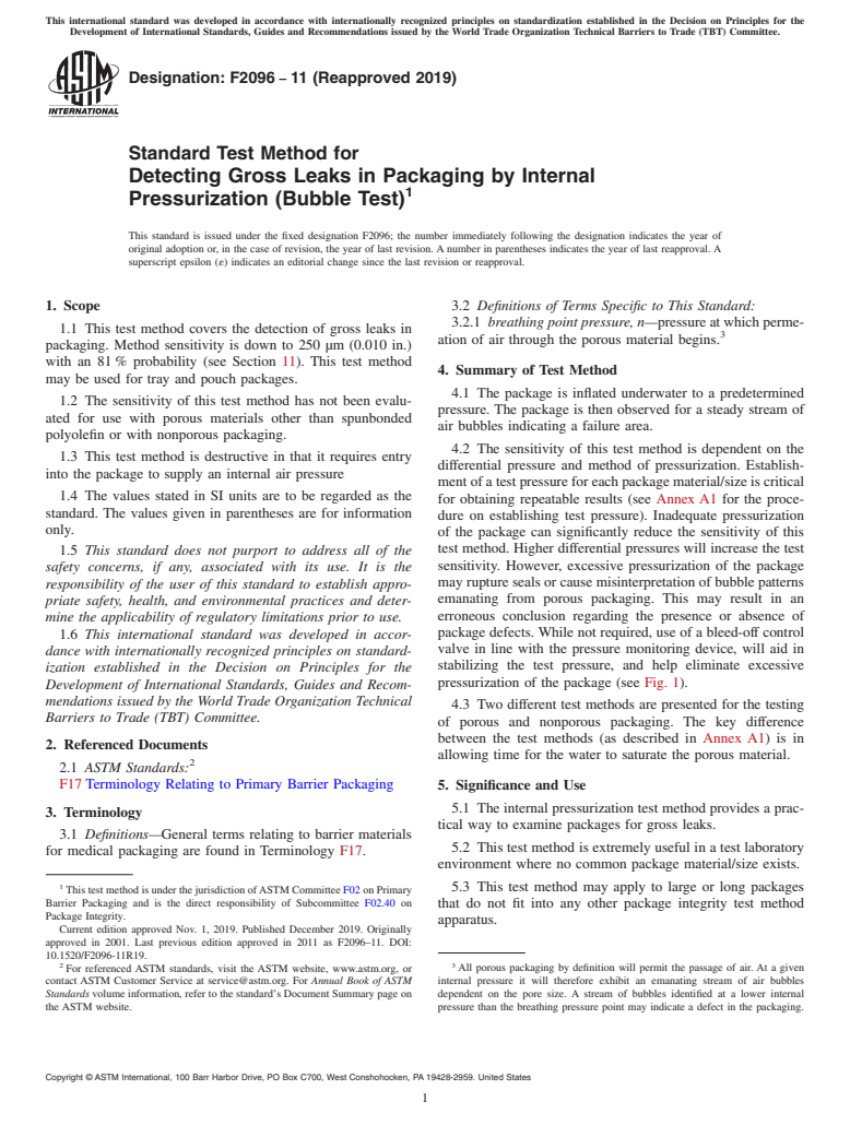 ASTM F2096-11(2019) - Standard Test Method for  Detecting Gross Leaks in Packaging by Internal Pressurization   (Bubble Test)