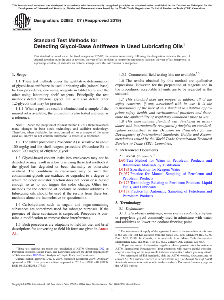 ASTM D2982-07(2019) - Standard Test Methods for  Detecting Glycol-Base Antifreeze in Used Lubricating Oils