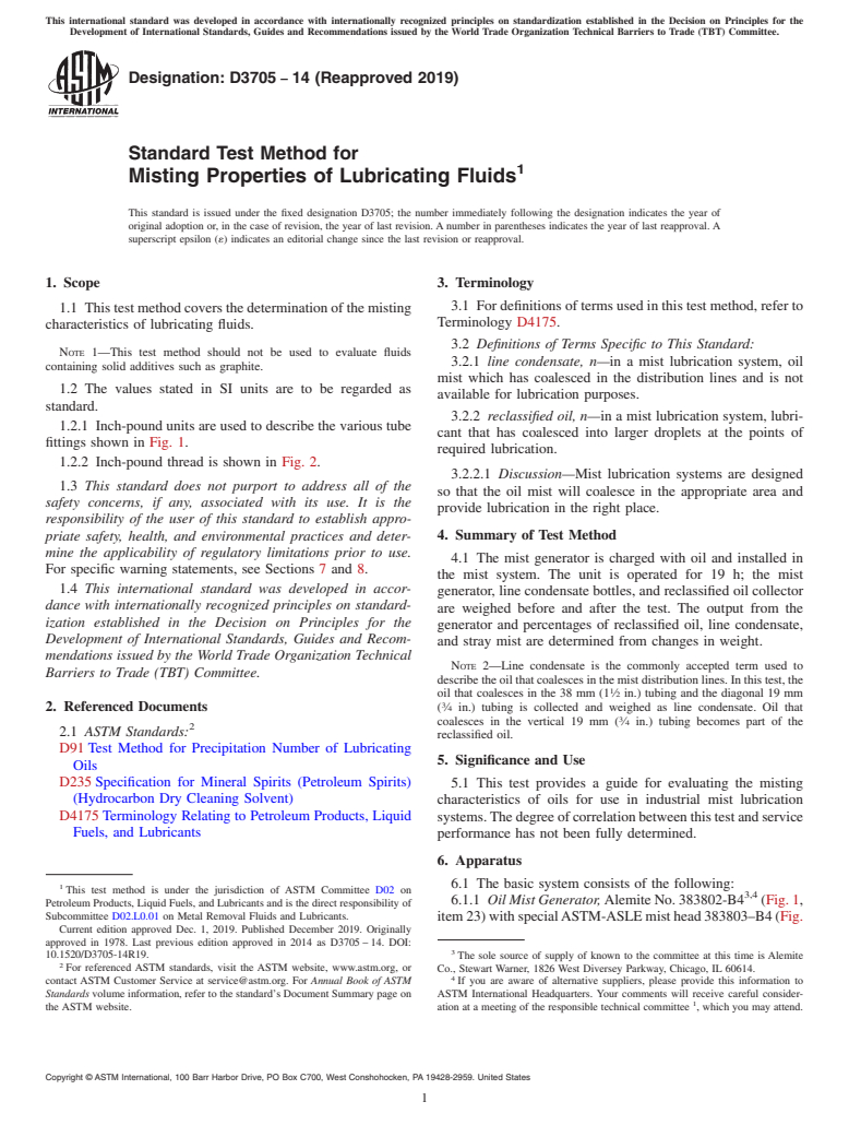 ASTM D3705-14(2019) - Standard Test Method for  Misting Properties of Lubricating Fluids