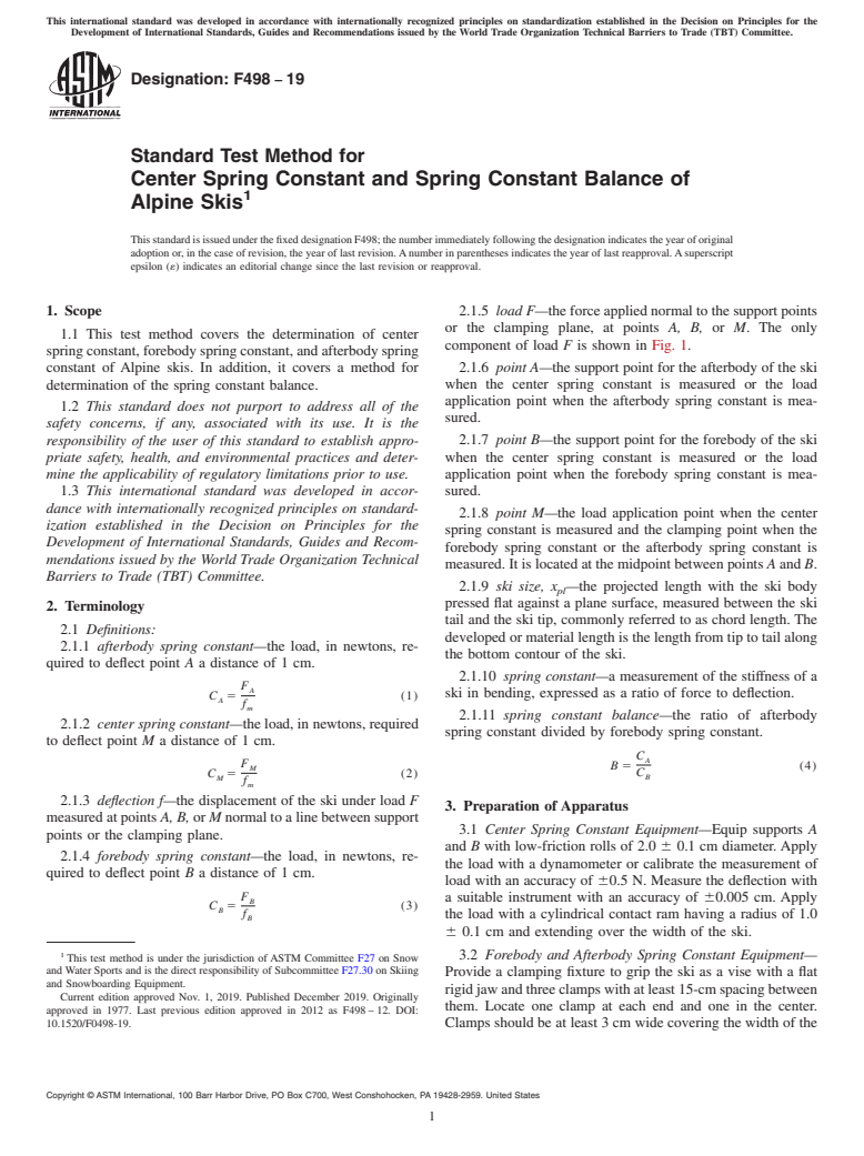 ASTM F498-19 - Standard Test Method for  Center Spring Constant and Spring Constant Balance of Alpine  Skis