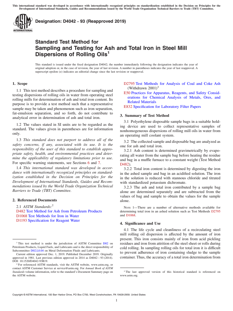 ASTM D4042-93(2019) - Standard Test Method for  Sampling and Testing for Ash and Total Iron in Steel Mill Dispersions   of Rolling Oils