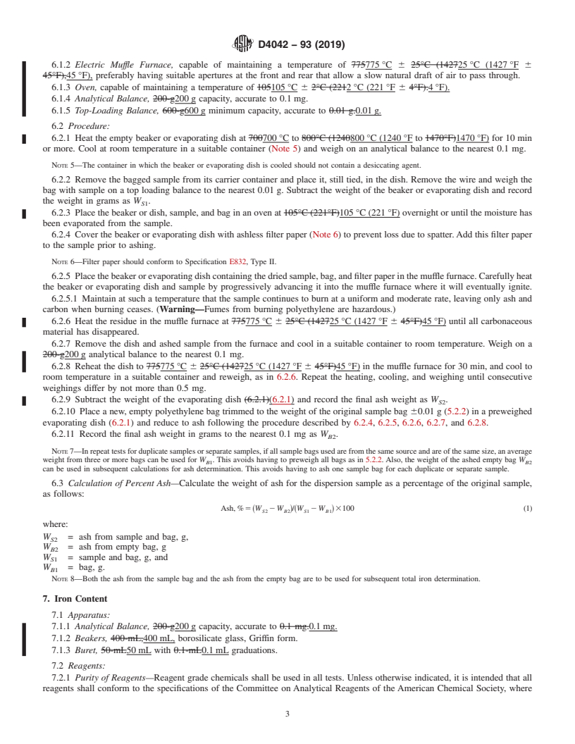 REDLINE ASTM D4042-93(2019) - Standard Test Method for  Sampling and Testing for Ash and Total Iron in Steel Mill Dispersions   of Rolling Oils