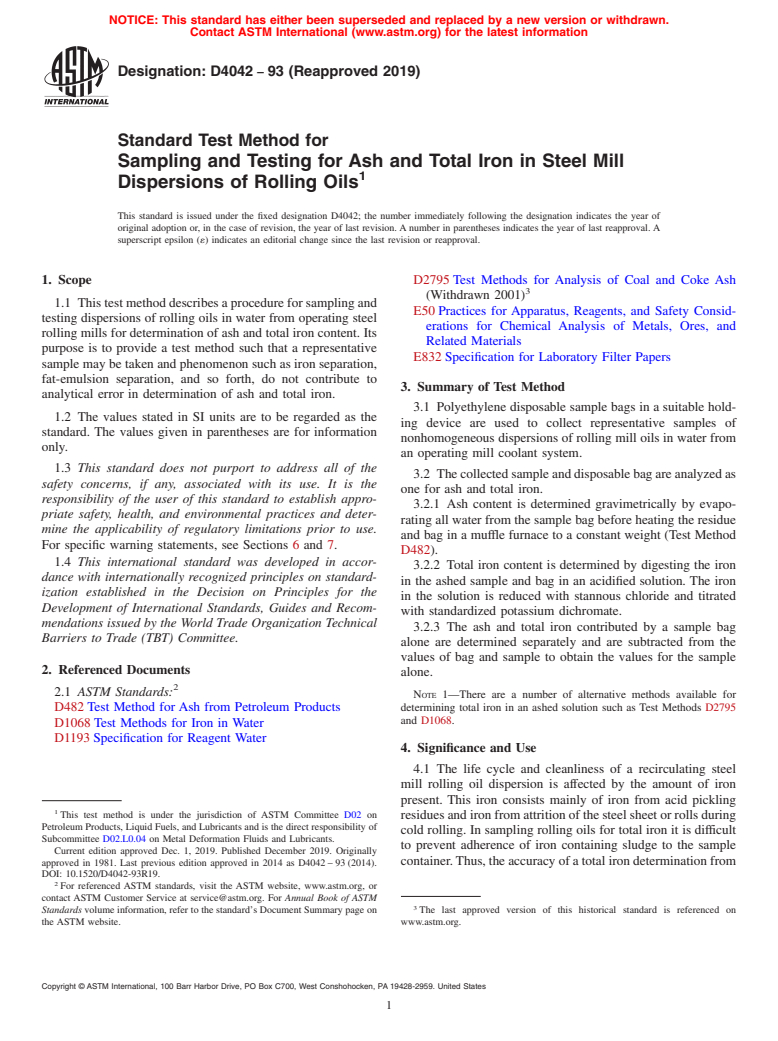 ASTM D4042-93(2019) - Standard Test Method for  Sampling and Testing for Ash and Total Iron in Steel Mill Dispersions   of Rolling Oils