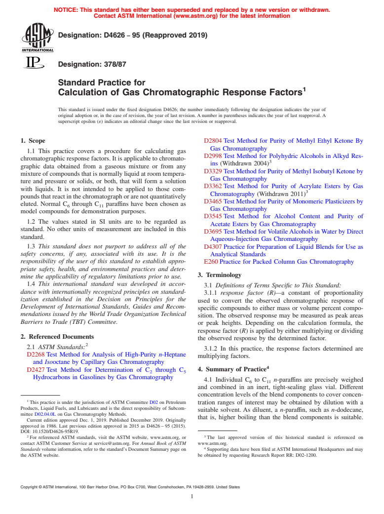 ASTM D4626-95(2019) - Standard Practice for  Calculation of Gas Chromatographic Response Factors