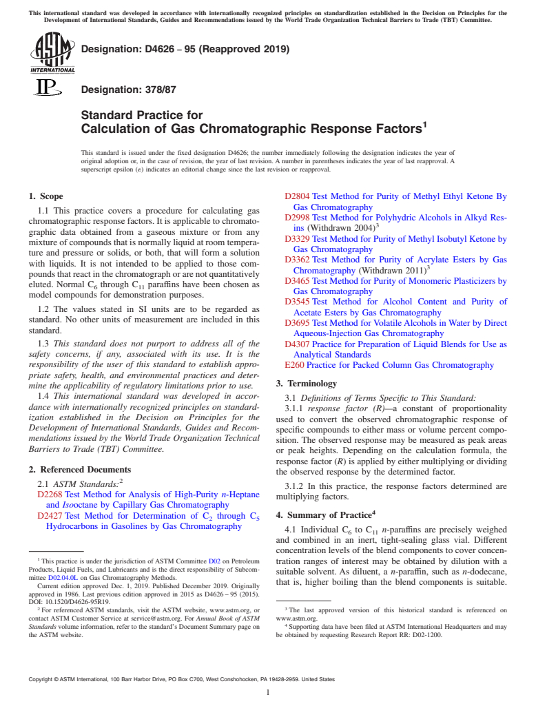 ASTM D4626-95(2019) - Standard Practice for  Calculation of Gas Chromatographic Response Factors