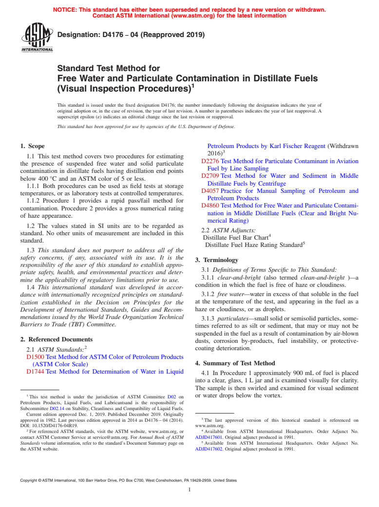 ASTM D4176-04(2019) - Standard Test Method for  Free Water and Particulate Contamination in Distillate Fuels   (Visual Inspection Procedures)