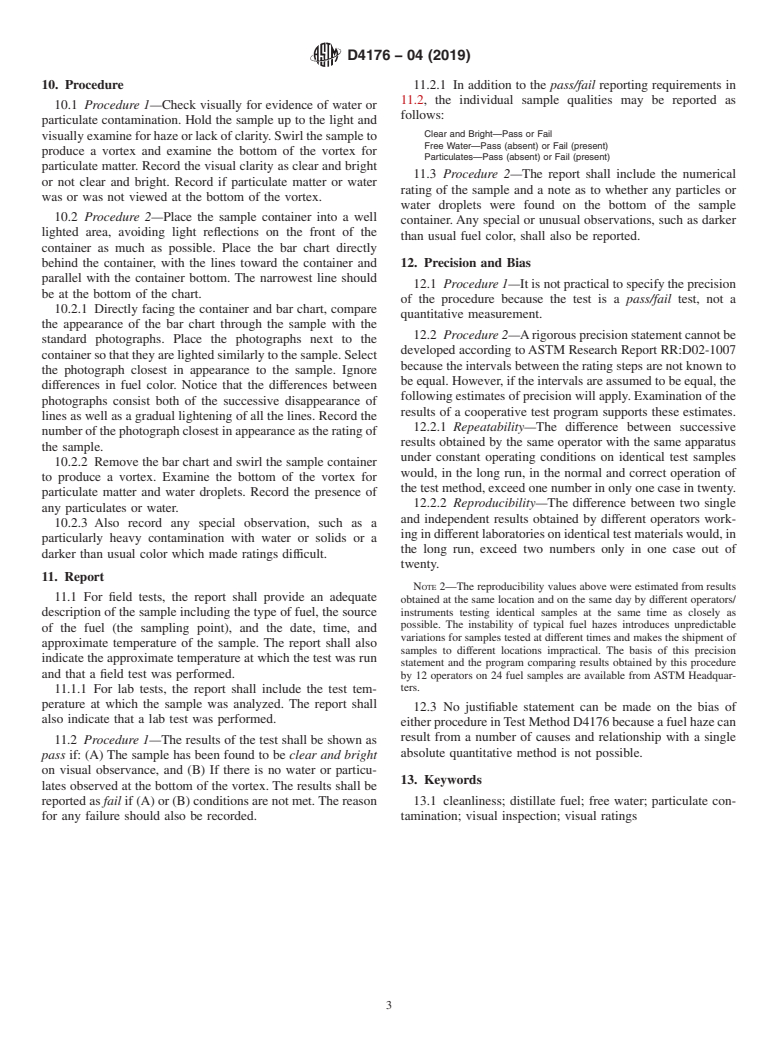 ASTM D4176-04(2019) - Standard Test Method for  Free Water and Particulate Contamination in Distillate Fuels   (Visual Inspection Procedures)