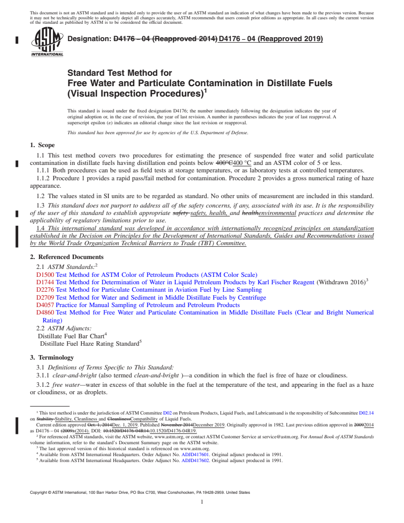 REDLINE ASTM D4176-04(2019) - Standard Test Method for  Free Water and Particulate Contamination in Distillate Fuels   (Visual Inspection Procedures)