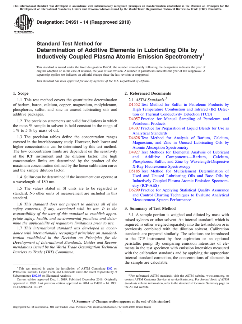 ASTM D4951-14(2019) - Standard Test Method for  Determination of Additive Elements in Lubricating Oils by Inductively  Coupled Plasma Atomic Emission Spectrometry