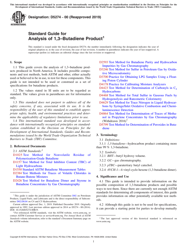 ASTM D5274-00(2019) - Standard Guide for  Analysis of 1,3&#x2013;Butadiene Product