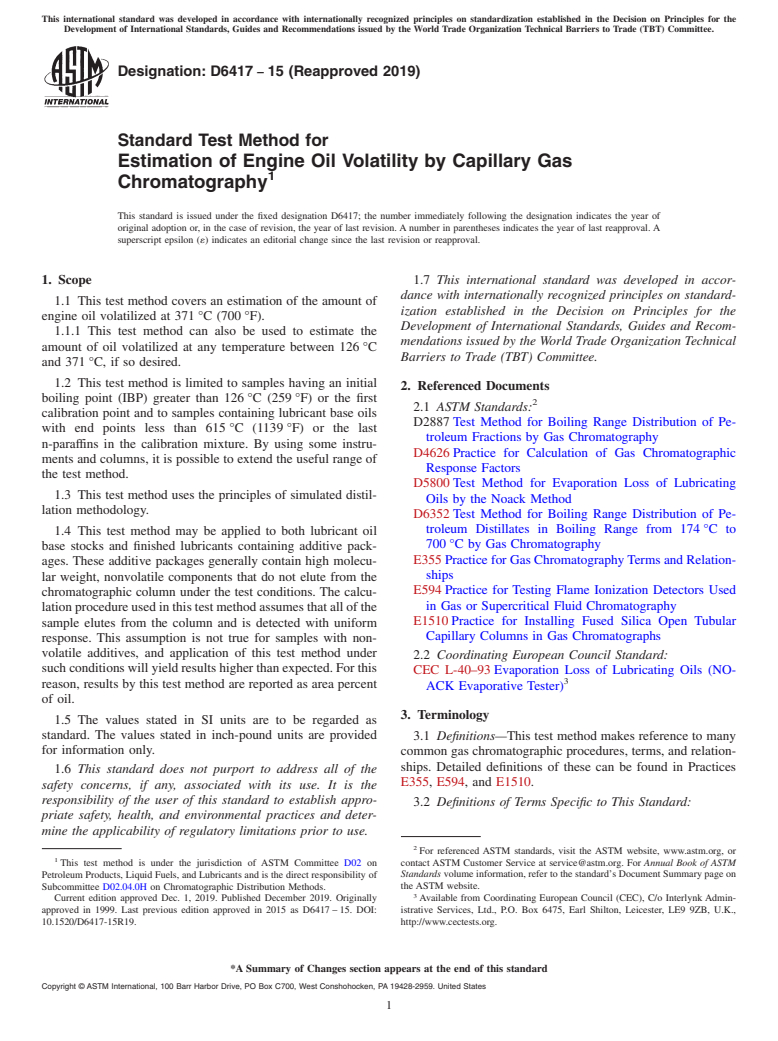 ASTM D6417-15(2019) - Standard Test Method for  Estimation of Engine Oil Volatility by Capillary Gas Chromatography