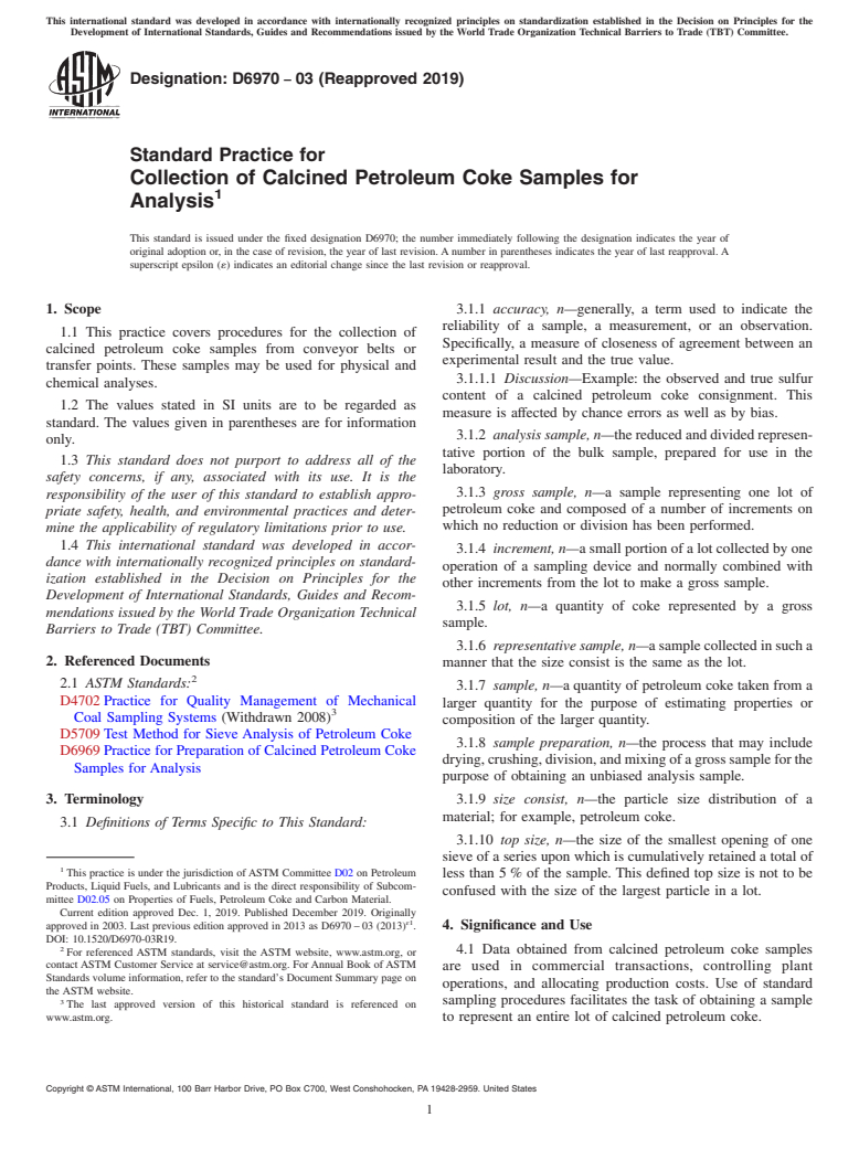 ASTM D6970-03(2019) - Standard Practice for  Collection of Calcined Petroleum Coke Samples for Analysis