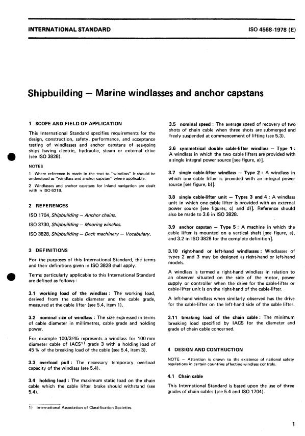 ISO 4568:1978 - Shipbuilding -- Marine windlasses and anchor capstans
