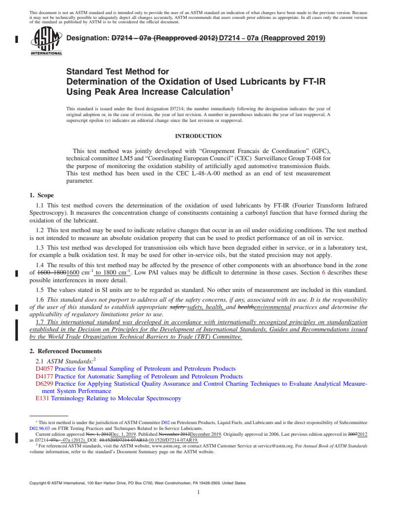 REDLINE ASTM D7214-07a(2019) - Standard Test Method for  Determination of the Oxidation of Used Lubricants by FT-IR  Using Peak Area Increase Calculation