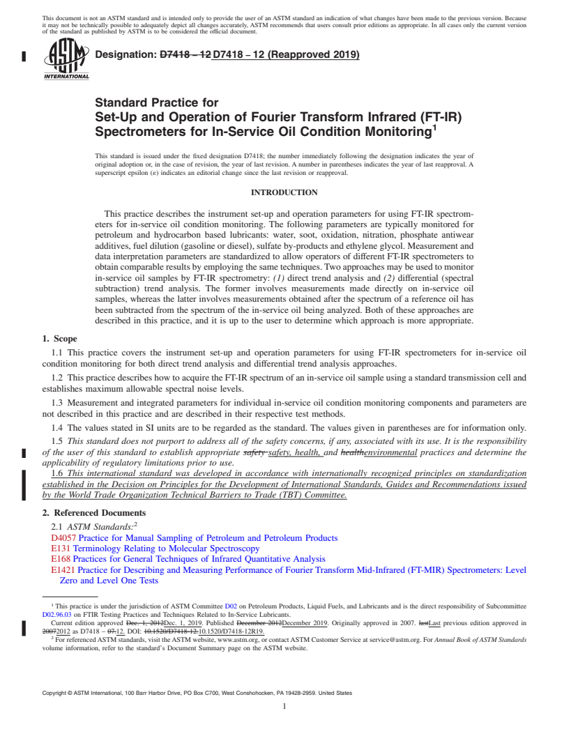 REDLINE ASTM D7418-12(2019) - Standard Practice for Set-Up and Operation of Fourier Transform Infrared (FT-IR)  Spectrometers  for In-Service Oil Condition Monitoring