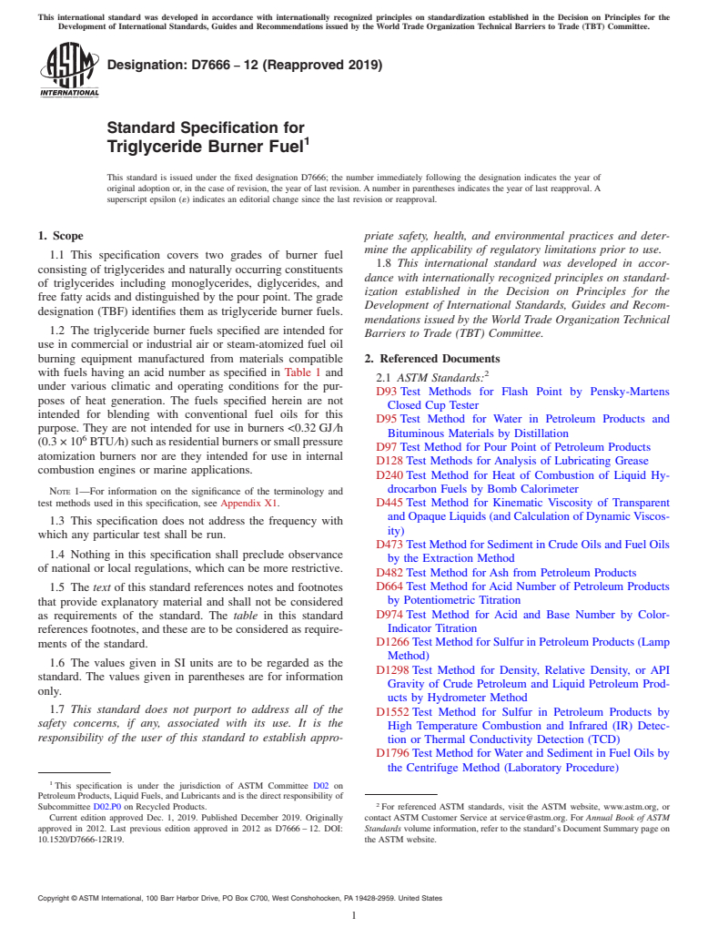 ASTM D7666-12(2019) - Standard Specification for  Triglyceride Burner Fuel