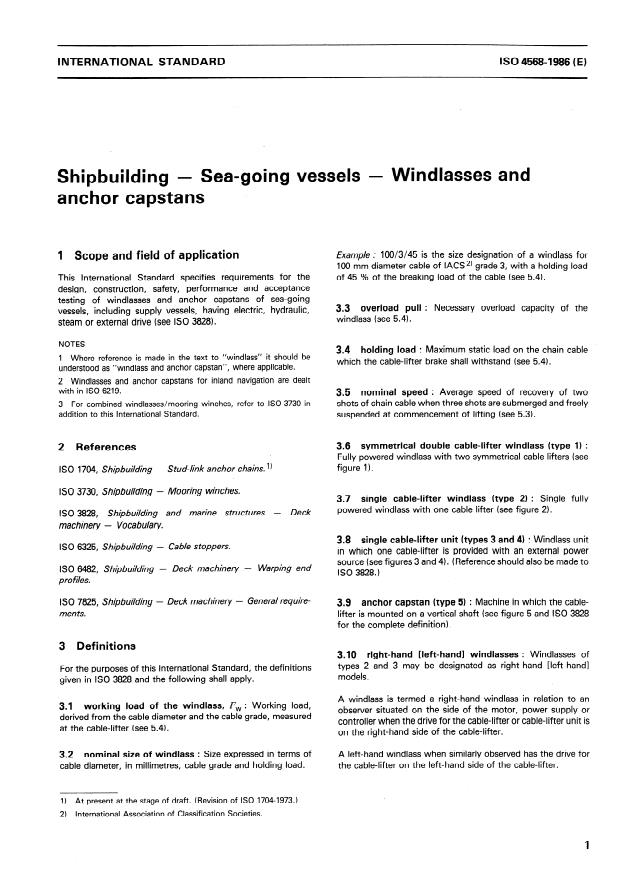 ISO 4568:1986 - Shipbuilding -- Sea-going vessels -- Windlasses and anchor capstans
