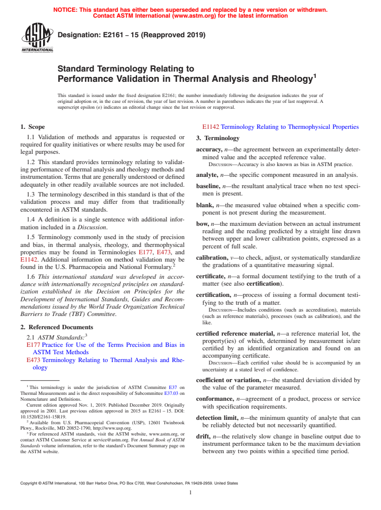 ASTM E2161-15(2019) - Standard Terminology Relating to  Performance Validation in Thermal Analysis and Rheology