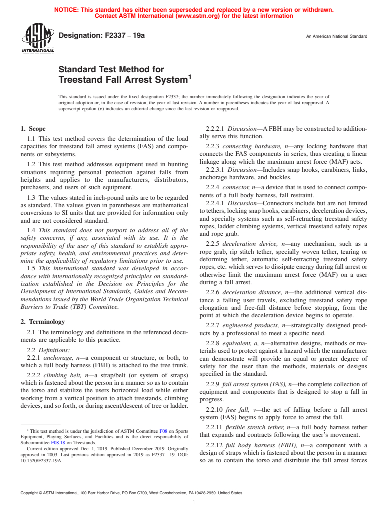 ASTM F2337-19a - Standard Test Method for  Treestand Fall Arrest System