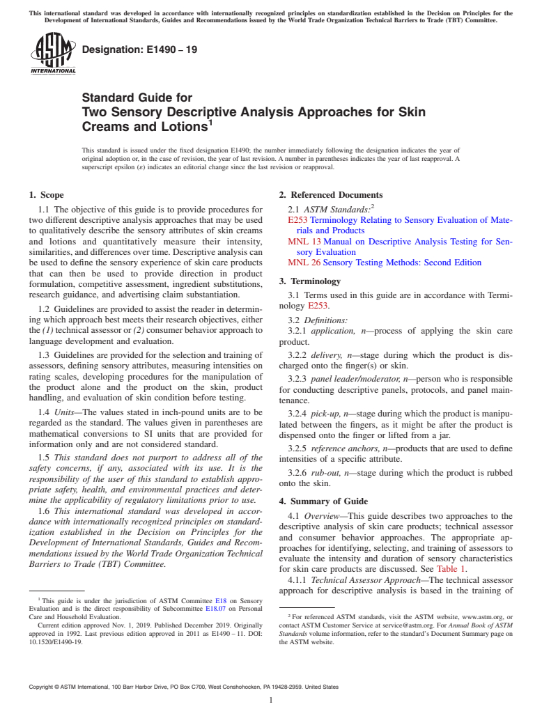 ASTM E1490-19 - Standard Guide for  Two Sensory Descriptive Analysis Approaches for Skin Creams  and Lotions