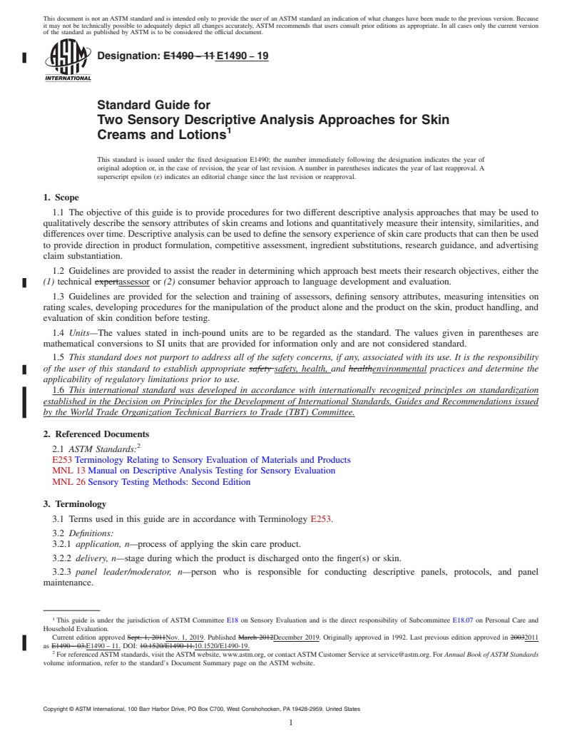 REDLINE ASTM E1490-19 - Standard Guide for  Two Sensory Descriptive Analysis Approaches for Skin Creams  and Lotions