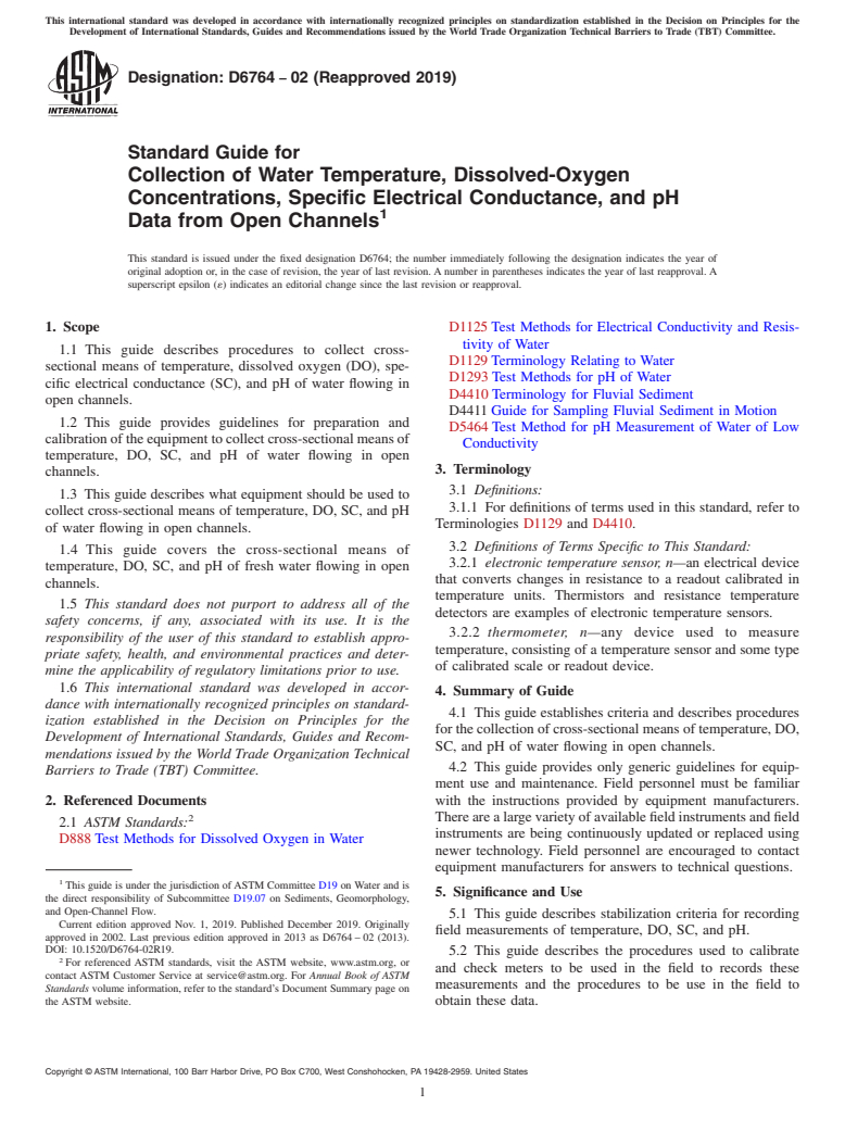 ASTM D6764-02(2019) - Standard Guide for  Collection of Water Temperature, Dissolved-Oxygen Concentrations,  Specific Electrical Conductance, and pH Data from Open Channels