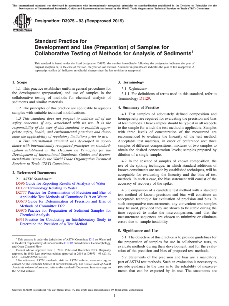 ASTM D3975-93(2019) - Standard Practice for  Development and Use (Preparation) of Samples for Collaborative  Testing of Methods for Analysis of Sediments